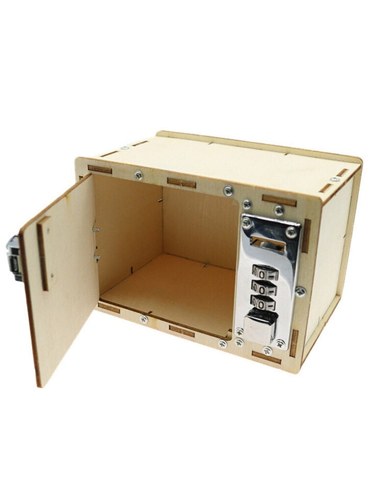UnAssembled 3D Kids Wooden Lockbox Kit DIY Wooden - an open, light-colored wooden box with a metal three-digit combination lock attached to the front.
