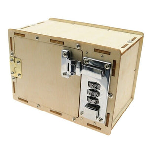 UnAssembled 3D Kids Wooden Lockbox Kit DIY Wooden - a light-brown wooden box featuring a metal hinge on the left and a three-digit combination lock.