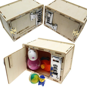 UnAssembled 3D Kids Wooden Lockbox Kit DIY Wooden - three views of a light-wood box with a metal combination lock, including one open with toys.