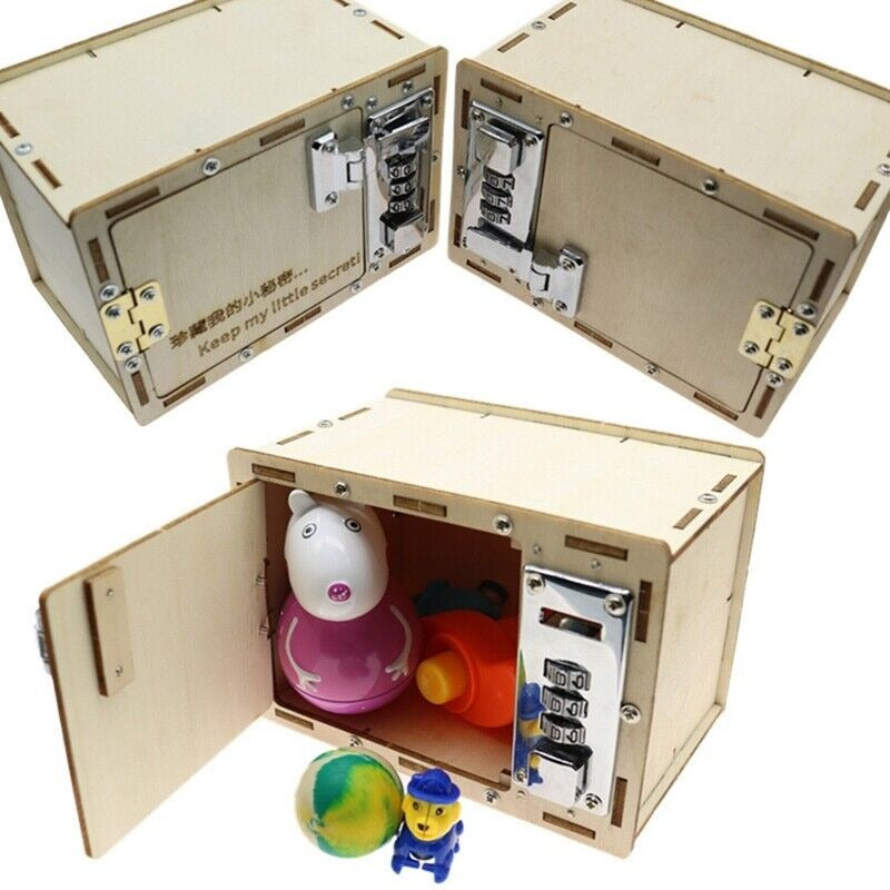 UnAssembled 3D Kids Wooden Lockbox Kit DIY Wooden - three views of a light-wood box with a metal combination lock, including one open with toys.
