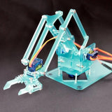 Unassembled 4dof Robotic Arm - shown as a partially built light blue acrylic mechanical arm with three visible blue servo motors and orange wiring.