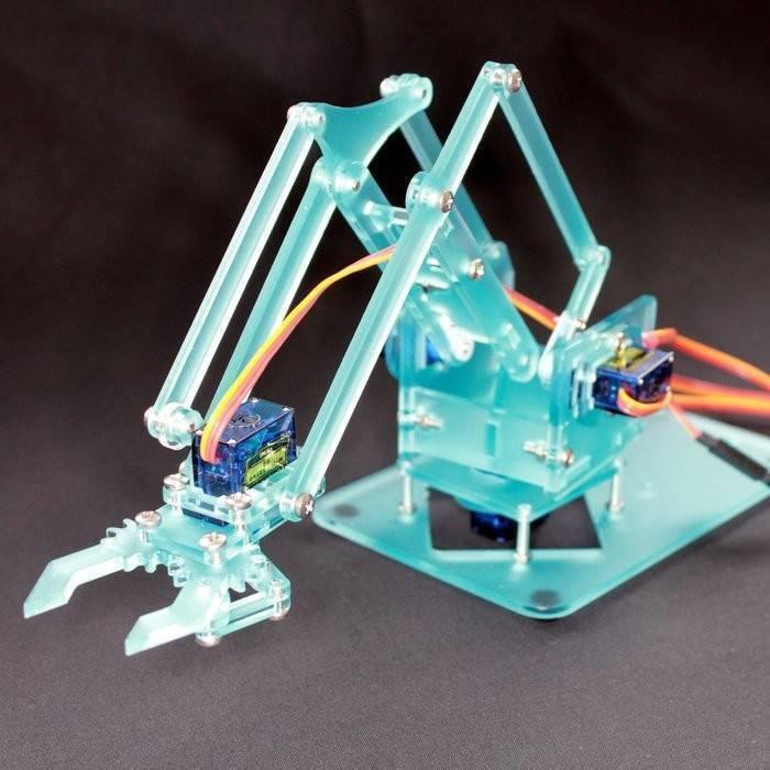 Unassembled 4dof Robotic Arm - shown as a partially built light blue acrylic mechanical arm with three visible blue servo motors and orange wiring.