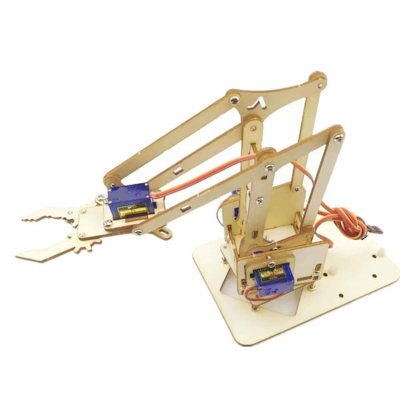 Unassembled 4dof Wooden Robotic Arm (WITH MOTORS) - shown as a partially built light-brown wooden mechanical arm with three blue servo motors attached.