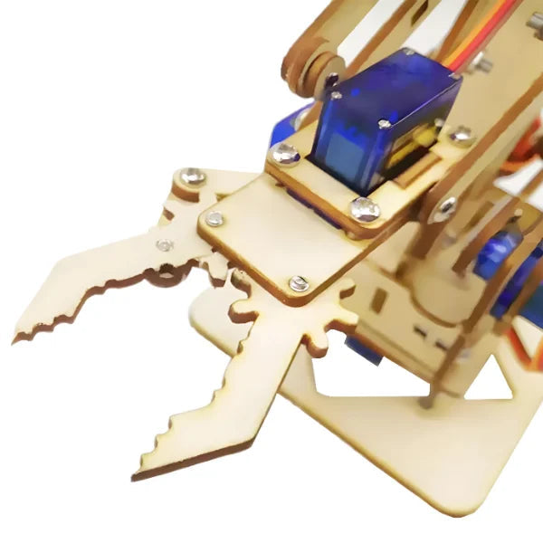 Unassembled 4dof Wooden Robotic Arm (WITH MOTORS) - a close-up of the assembled wooden gripper mechanism with a blue servo motor attached.