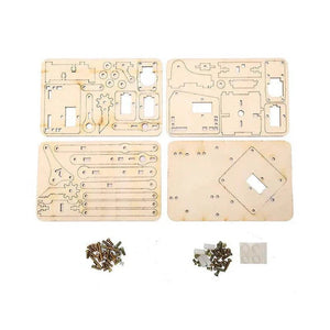 Unassembled 4dof Wooden Robotic Arm (WITH MOTORS) - four laser-cut wooden sheets with parts, assorted screws, nuts, and small adhesive pads on a white background.