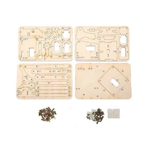 Unassembled 4dof Wooden Robotic Arm (WITH MOTORS) - four laser-cut wooden sheets with parts, assorted screws, nuts, and small adhesive pads on a white background.