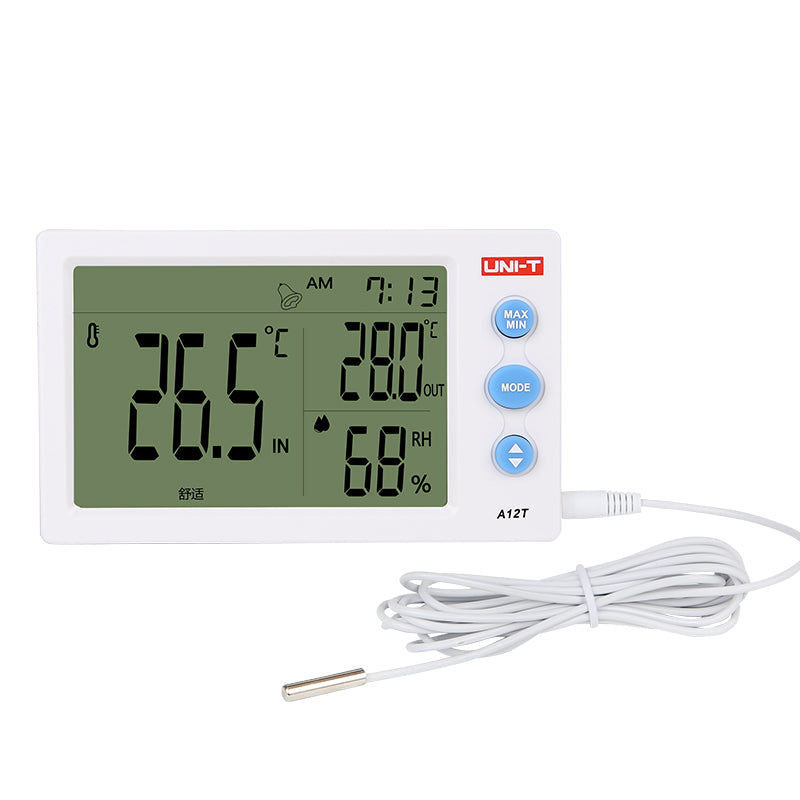 UNI-T A12T Temperature & Humidity Meter – 4.5" LCD, External Probe, -10~50°C, 20~95%RH, Comfort Rating, Clock - a white rectangular device with an LCD displaying 26.5°C, 28.0°C, 68% RH, and 7:13 AM with a probe.