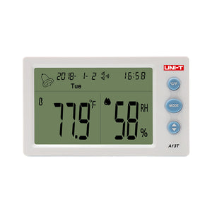 UNI-T A13T Digital Temperature & Humidity Meter – Indoor Hygrometer Thermometer, Comfort Level, Clock, Calendar, ℃/℉ - a white rectangular device with a screen showing 77.9°F, 58% RH, date, time, and three side buttons.