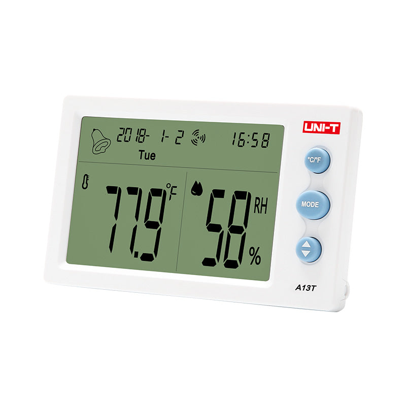 UNI-T A13T Digital Temperature & Humidity Meter – Indoor Hygrometer Thermometer, Comfort Level, Clock, Calendar, ℃/℉ - a white rectangular device with three blue buttons and a screen showing 77.9°F, 58% RH, and the time.