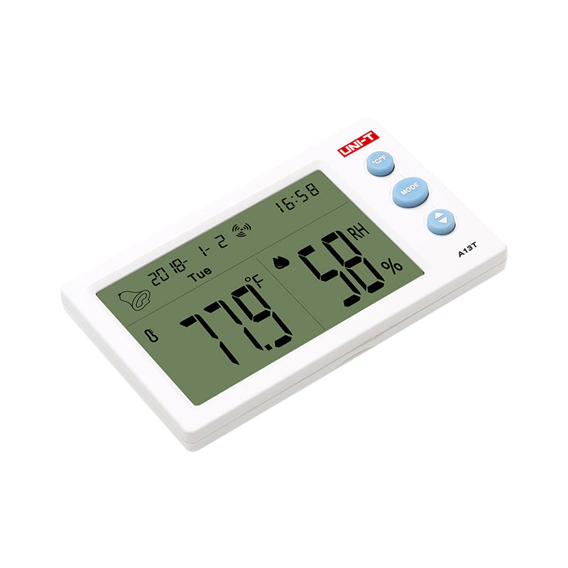 UNI-T A13T Digital Temperature & Humidity Meter – Indoor Hygrometer Thermometer, Comfort Level, Clock, Calendar, ℃/℉ - a white rectangular device with three blue buttons and a digital display showing 77.9°F and 58% RH.