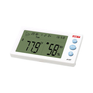 UNI-T A13T Digital Temperature & Humidity Meter – Indoor Hygrometer Thermometer, Comfort Level, Clock, Calendar, ℃/℉ - a white rectangular device displaying 77.9°F, 58% RH, the date 2018-1-2, and 16:58 with three side buttons.