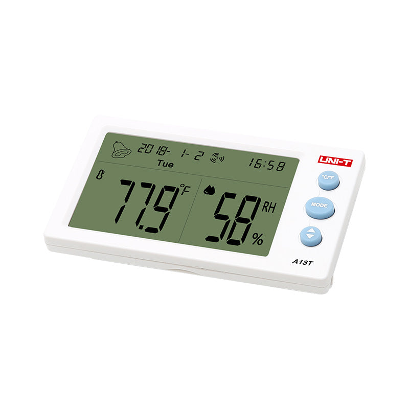 UNI-T A13T Digital Temperature & Humidity Meter – Indoor Hygrometer Thermometer, Comfort Level, Clock, Calendar, ℃/℉ - a white rectangular device displaying 77.9°F, 58% RH, the date 2018-1-2, and 16:58 with three side buttons.