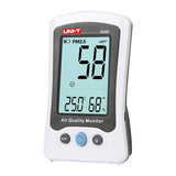 UNI-T A25D Air Quality Monitor – PM2.5, Formaldehyde (HCHO), Temperature & Humidity, Rechargeable Indoor Air Detector - a white, handheld device showing a PM2.5 reading of 58, 25.0°C temperature, 68% humidity, and three control buttons.