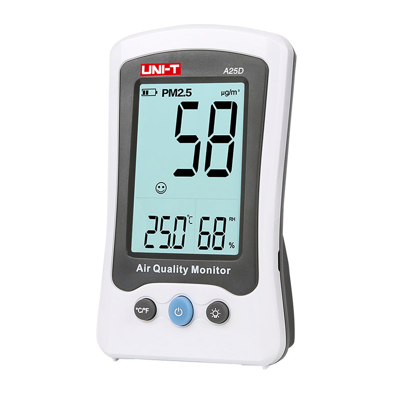 UNI-T A25D Air Quality Monitor – PM2.5, Formaldehyde (HCHO), Temperature & Humidity, Rechargeable Indoor Air Detector - a white, handheld device showing a PM2.5 reading of 58, 25.0°C temperature, 68% humidity, and three control buttons.