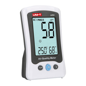 UNI-T A25D Air Quality Monitor – PM2.5, Formaldehyde (HCHO), Temperature & Humidity, Rechargeable Indoor Air Detector - a white and grey handheld device showing 58 PM2.5, 25.0°C, and 68% RH on its screen with three front control buttons.