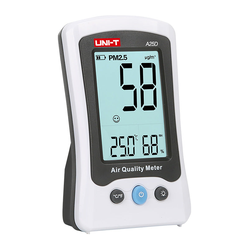 UNI-T A25D Air Quality Monitor – PM2.5, Formaldehyde (HCHO), Temperature & Humidity, Rechargeable Indoor Air Detector - a white and grey handheld device showing 58 PM2.5, 25.0°C, and 68% RH on its screen with three front control buttons.