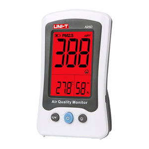 UNI-T A25D Air Quality Monitor – PM2.5, Formaldehyde (HCHO), Temperature & Humidity, Rechargeable Indoor Air Detector - a white handheld device with a red digital screen displaying 388 PM2.5, 27.8°C, and 58% RH, featuring three front buttons.