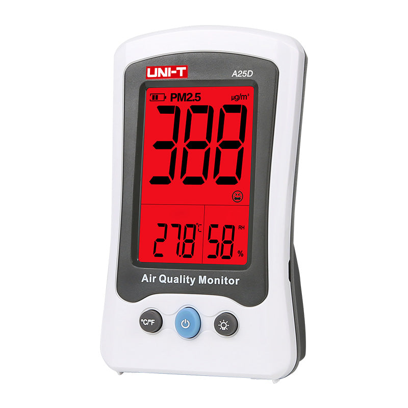 UNI-T A25D Air Quality Monitor – PM2.5, Formaldehyde (HCHO), Temperature & Humidity, Rechargeable Indoor Air Detector - a white handheld device with a red digital screen displaying 388 PM2.5, 27.8°C, and 58% RH, featuring three front buttons.