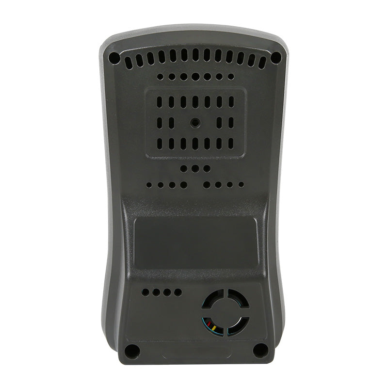 UNI-T A25D Air Quality Monitor – PM2.5, Formaldehyde (HCHO), Temperature & Humidity, Rechargeable Indoor Air Detector - rear view showing the dark grey plastic casing with ventilation slots, a recessed label area, and a circular fan intake.