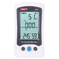 UNI-T A25F PM2.5 & Formaldehyde Air Quality Monitor – with Temperature, Humidity & Red-Backlight Alarm - a white handheld device showing 51 µg/m³ PM2.5, 0.00 mg/m³ formaldehyde, 24.5°C, and 59% humidity on its LCD screen.
