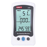 UNI-T A25F PM2.5 & Formaldehyde Air Quality Monitor – with Temperature, Humidity & Red-Backlight Alarm - a white handheld device showing 51 µg/m³ PM2.5, 0.00 mg/m³ formaldehyde, 24.5°C, and 59% humidity on its LCD screen.