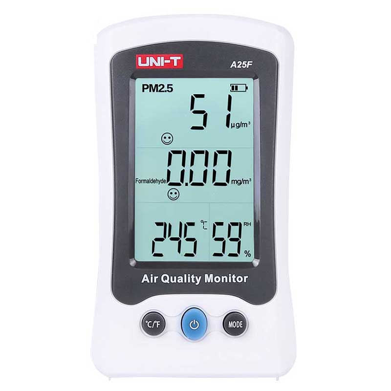 UNI-T A25F PM2.5 & Formaldehyde Air Quality Monitor – with Temperature, Humidity & Red-Backlight Alarm - a white handheld device showing 51 µg/m³ PM2.5, 0.00 mg/m³ formaldehyde, 24.5°C, and 59% humidity on its LCD screen.