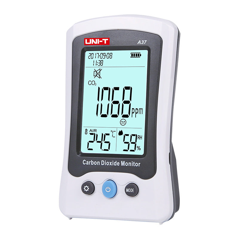 UNI-T A37 CO2 Meter – 400–5000 PPM Carbon Dioxide, Temperature, NDIR Air Quality Monitor, Rechargeable - a white and grey handheld monitor displaying 1068 ppm, 24.5°C, and 59% RH, with three front buttons and a digital screen.