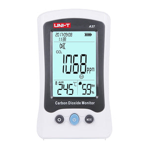 UNI-T A37 CO2 Meter – 400–5000 PPM Carbon Dioxide, Temperature, NDIR Air Quality Monitor, Rechargeable - a white handheld monitor with a digital screen showing 1068 ppm, 24.5°C, and 59% RH, featuring three buttons below the display.