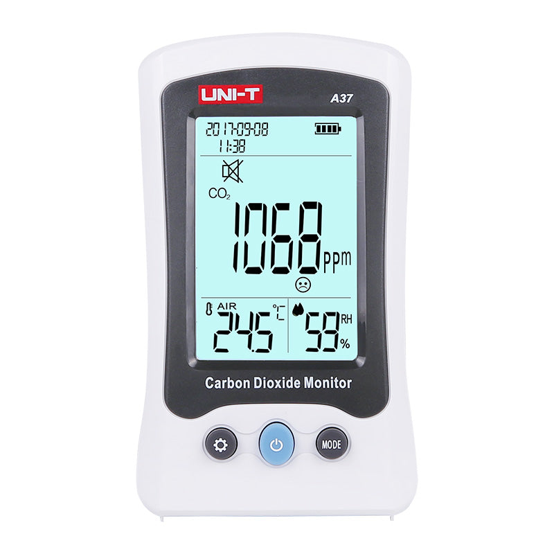UNI-T A37 CO2 Meter – 400–5000 PPM Carbon Dioxide, Temperature, NDIR Air Quality Monitor, Rechargeable - a white handheld monitor with a digital screen showing 1068 ppm, 24.5°C, and 59% RH, featuring three buttons below the display.