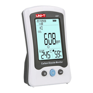 UNI-T A37 CO2 Meter – 400–5000 PPM Carbon Dioxide, Temperature, NDIR Air Quality Monitor, Rechargeable - a white and grey portable monitor showing 608 ppm, 24.5°C, and 59% RH on its digital screen with three buttons below.