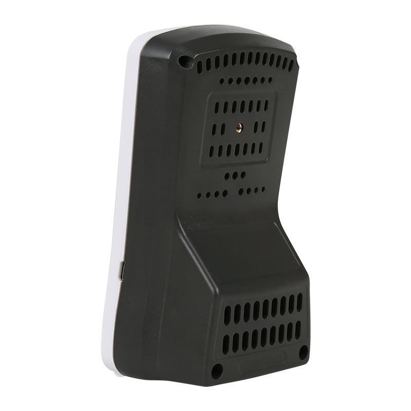 UNI-T A37 CO2 Meter – 400–5000 PPM Carbon Dioxide, Temperature, NDIR Air Quality Monitor, Rechargeable - rear view showing the black plastic casing with ventilation slots, screw holes, and a small side port.