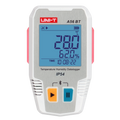 UNI-T A56BT Bluetooth Temperature & Humidity Datalogger – −40°C to 85°C, 0–100% RH, ±0.3°C, 64,000-Set Memory, TempLink App, PDF Export, IP54, 2-Year Battery - a white and silver device with a digital screen reading 28.0°C, 62.0% humidity, and 10:08:22.