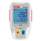 UNI-T A56BT Bluetooth Temperature & Humidity Datalogger – −40°C to 85°C, 0–100% RH, ±0.3°C, 64,000-Set Memory, TempLink App, PDF Export, IP54, 2-Year Battery - a white and silver device with a digital screen reading 28.0°C, 62.0% humidity, and 10:08:22.