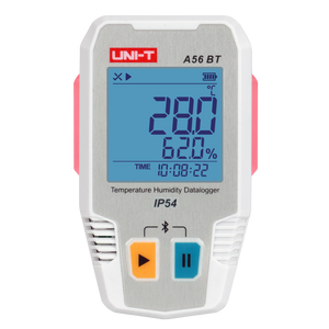 UNI-T A56BT Bluetooth Temperature & Humidity Datalogger – −40°C to 85°C, 0–100% RH, ±0.3°C, 64,000-Set Memory, TempLink App, PDF Export, IP54, 2-Year Battery - a white and silver device with a digital screen reading 28.0°C, 62.0% humidity, and 10:08:22.