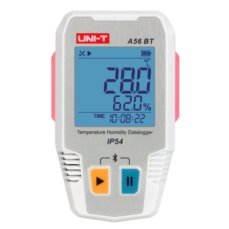 UNI-T A56BT Bluetooth Temperature & Humidity Datalogger – −40°C to 85°C, 0–100% RH, ±0.3°C, 64,000-Set Memory, TempLink App, PDF Export, IP54, 2-Year Battery - a white and silver device with a digital screen reading 28.0°C, 62.0% humidity, and 10:08:22.