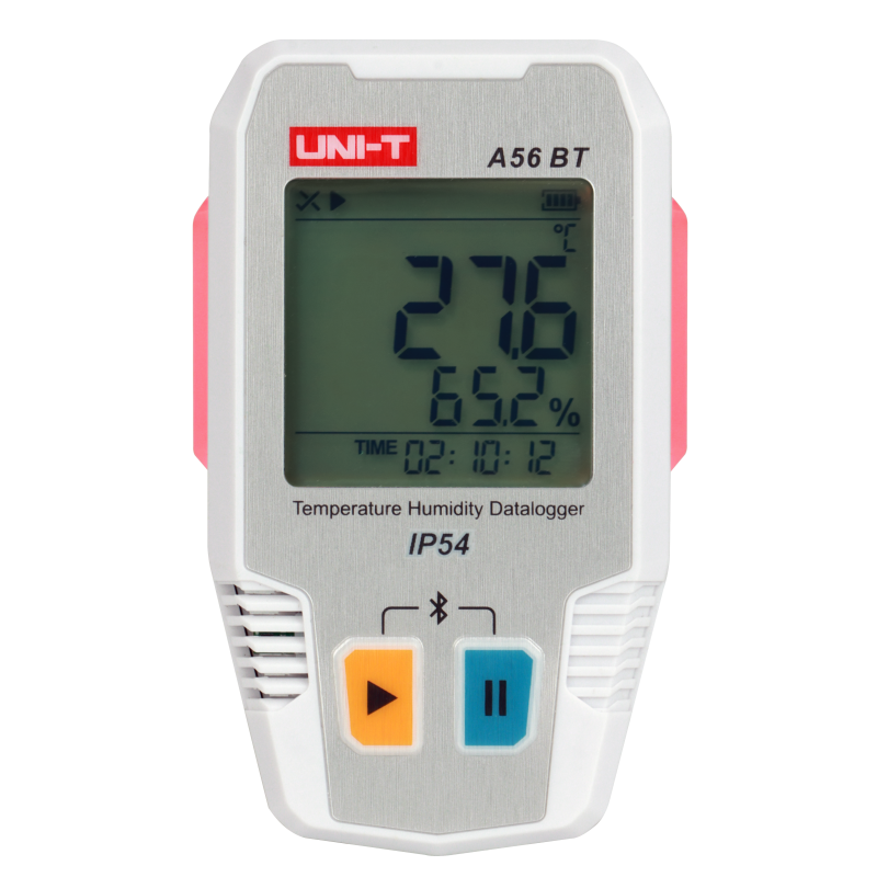 UNI-T A56BT Bluetooth Temperature & Humidity Datalogger – −40°C to 85°C, 0–100% RH, ±0.3°C, 64,000-Set Memory, TempLink App, PDF Export, IP54, 2-Year Battery - 27.6°C, 65.2% humidity, and 02:10:12 time on its display with orange play and blue pause buttons.