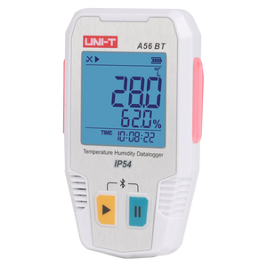 UNI-T A56BT Bluetooth Temperature & Humidity Datalogger – −40°C to 85°C, 0–100% RH, ±0.3°C, 64,000-Set Memory, TempLink App, PDF Export, IP54, 2-Year Battery - a white handheld device with a blue LCD screen displaying 28.0°C, 62.0% humidity, and 10:08:22 time.