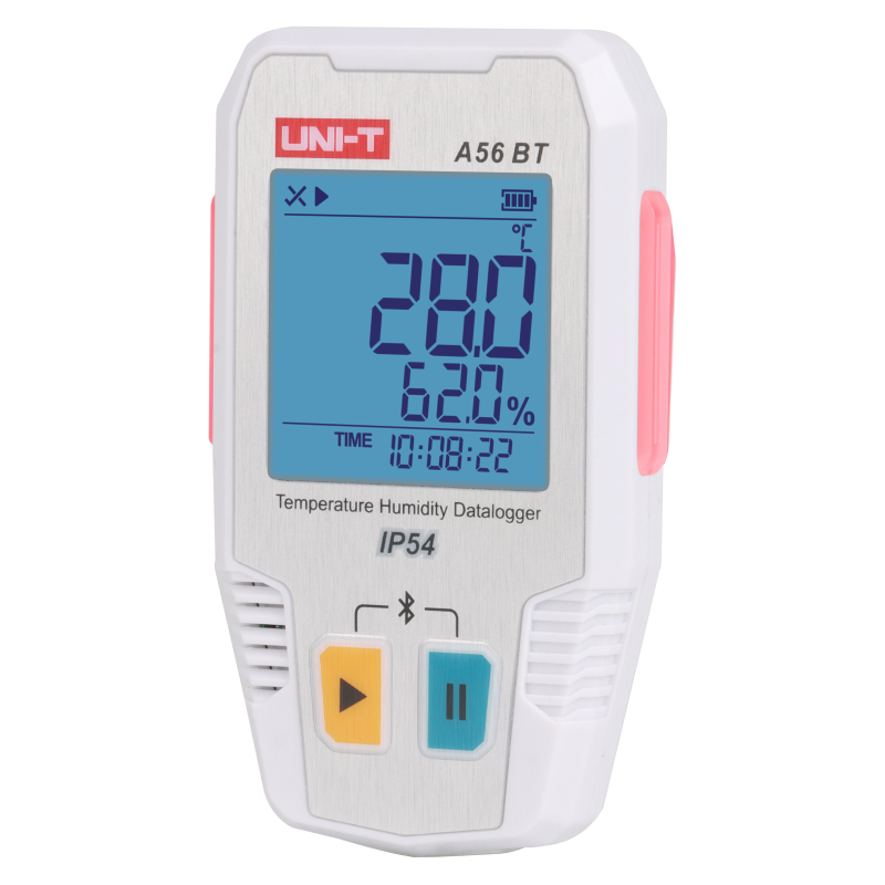UNI-T A56BT Bluetooth Temperature & Humidity Datalogger – −40°C to 85°C, 0–100% RH, ±0.3°C, 64,000-Set Memory, TempLink App, PDF Export, IP54, 2-Year Battery - a white handheld device with a blue LCD screen displaying 28.0°C, 62.0% humidity, and 10:08:22 time.