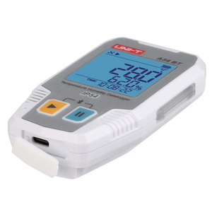 UNI-T A56BT Bluetooth Temperature & Humidity Datalogger – −40°C to 85°C, 0–100% RH, ±0.3°C, 64,000-Set Memory, TempLink App, PDF Export, IP54, 2-Year Battery - white and grey, showing a digital display, two buttons, a USB-C port, and a protective cover.