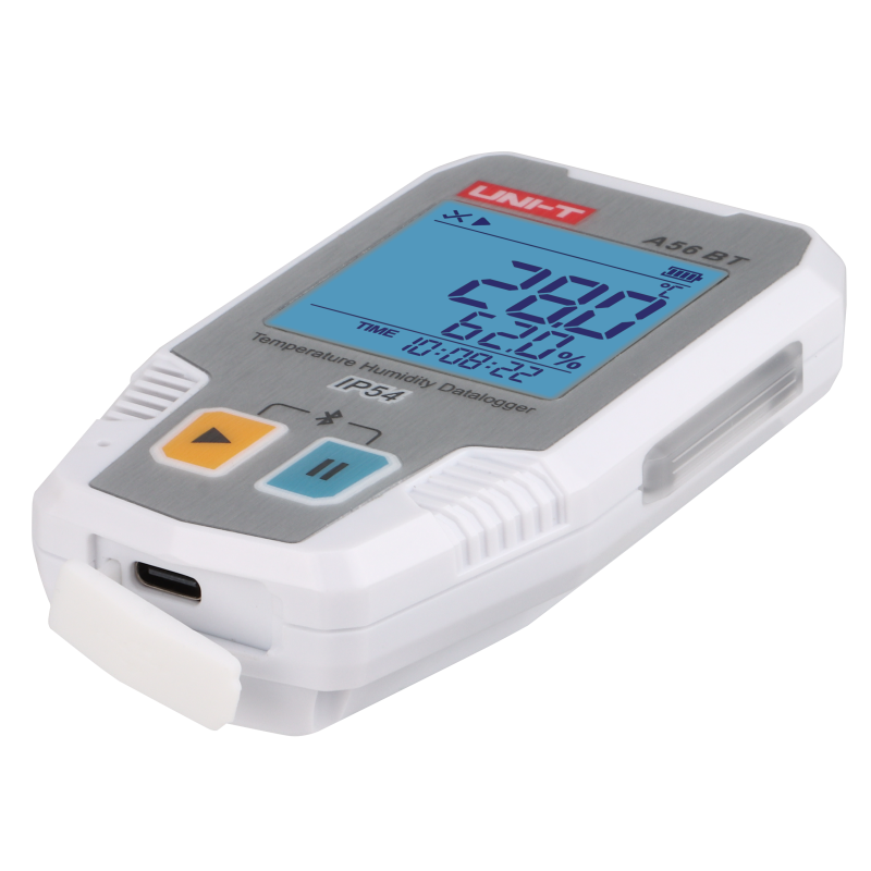 UNI-T A56BT Bluetooth Temperature & Humidity Datalogger – −40°C to 85°C, 0–100% RH, ±0.3°C, 64,000-Set Memory, TempLink App, PDF Export, IP54, 2-Year Battery - white and grey, showing a digital display, two buttons, a USB-C port, and a protective cover.