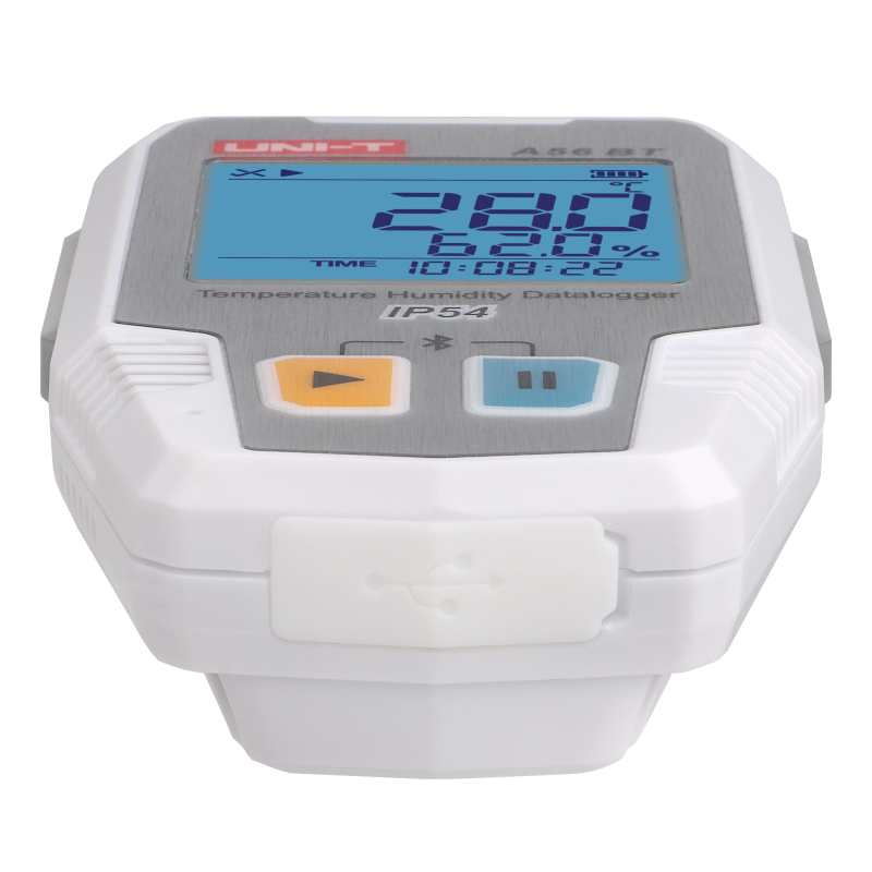 UNI-T A56BT Bluetooth Temperature & Humidity Datalogger – −40°C to 85°C, 0–100% RH, ±0.3°C, 64,000-Set Memory, TempLink App, PDF Export, IP54, 2-Year Battery - a white and grey device with a digital screen showing 28.0°C, 62.0% humidity, and a USB port cover at the base.