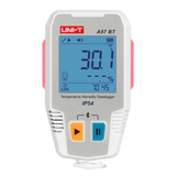 UNI-T A57BT Bluetooth Temperature & Humidity Datalogger with External Probe – −40°C to 85°C, 0–100% RH, ±0.3°C, 64,000-Set Memory, TempLink App, PDF Export, 2-Year Battery - a white and grey handheld device with a digital display showing 30.1°C, two buttons, and a bottom port.