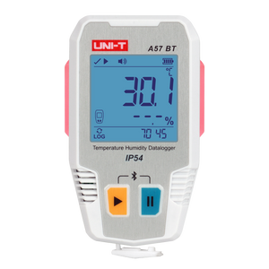 UNI-T A57BT Bluetooth Temperature & Humidity Datalogger with External Probe – −40°C to 85°C, 0–100% RH, ±0.3°C, 64,000-Set Memory, TempLink App, PDF Export, 2-Year Battery - a white and grey handheld device with a digital display showing 30.1°C, two buttons, and a bottom port.