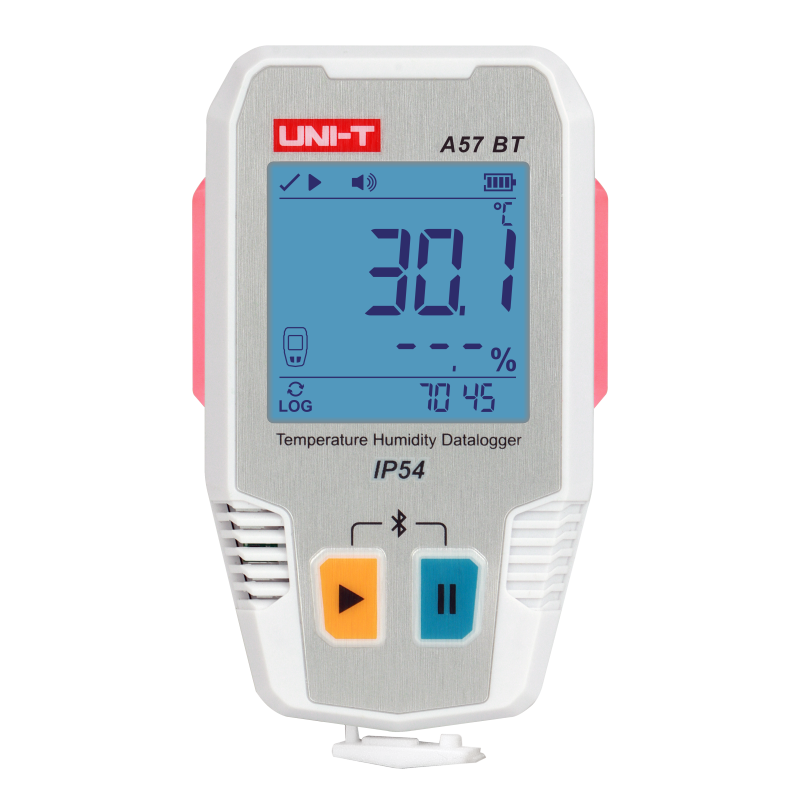 UNI-T A57BT Bluetooth Temperature & Humidity Datalogger with External Probe – −40°C to 85°C, 0–100% RH, ±0.3°C, 64,000-Set Memory, TempLink App, PDF Export, 2-Year Battery - a white and grey handheld device with a digital display showing 30.1°C, two buttons, and a bottom port.