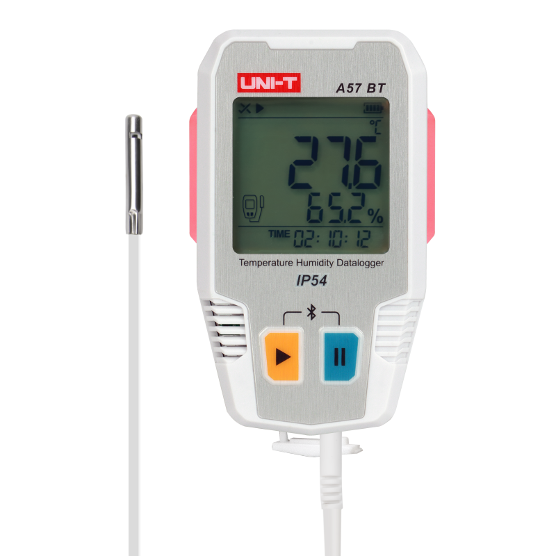 UNI-T A57BT Bluetooth Temperature & Humidity Datalogger with External Probe – −40°C to 85°C, 0–100% RH, ±0.3°C, 64,000-Set Memory, TempLink App, PDF Export, 2-Year Battery - white casing, orange play and blue pause buttons, showing 27.6°C and 65.2% RH on screen.
