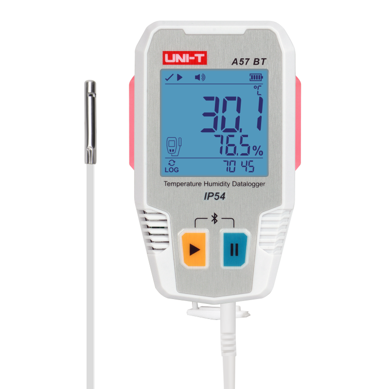 UNI-T A57BT Bluetooth Temperature & Humidity Datalogger with External Probe – −40°C to 85°C, 0–100% RH, ±0.3°C, 64,000-Set Memory, TempLink App, PDF Export, 2-Year Battery - a white and grey device with an external probe, a digital display reading 30.1°C and 76.5% RH, and two control buttons.