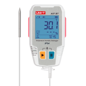 UNI-T A57BT Bluetooth Temperature & Humidity Datalogger with External Probe – −40°C to 85°C, 0–100% RH, ±0.3°C, 64,000-Set Memory, TempLink App, PDF Export, 2-Year Battery - a digital display with 30.1°C, orange play and blue pause buttons, and an attached external metal probe.