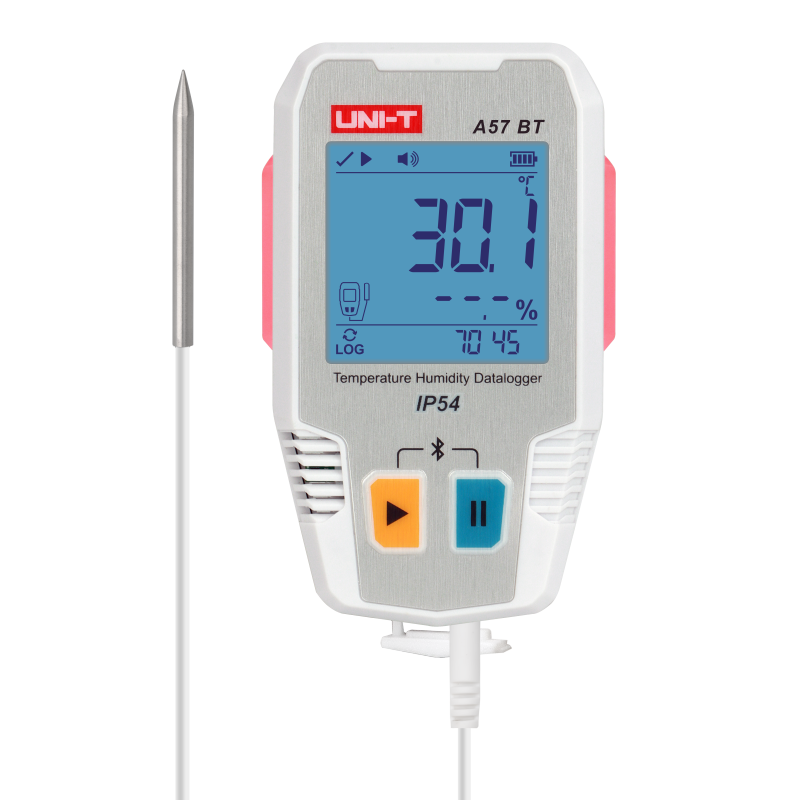 UNI-T A57BT Bluetooth Temperature & Humidity Datalogger with External Probe – −40°C to 85°C, 0–100% RH, ±0.3°C, 64,000-Set Memory, TempLink App, PDF Export, 2-Year Battery - a digital display with 30.1°C, orange play and blue pause buttons, and an attached external metal probe.