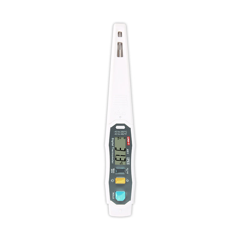 UNI-T A61 Digital Probe Thermometer – -40 to 250℃ Instant-Read, Food / Kitchen / BBQ Cooking Thermometer - a white, pen-shaped device with a digital display reading 31.3°C, three control buttons, and a metal probe tip.