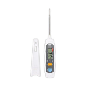 UNI-T A61 Digital Probe Thermometer – -40 to 250℃ Instant-Read, Food / Kitchen / BBQ Cooking Thermometer - the white handheld device with a metal probe, digital display reading 31.3°C, and its detachable white cover.